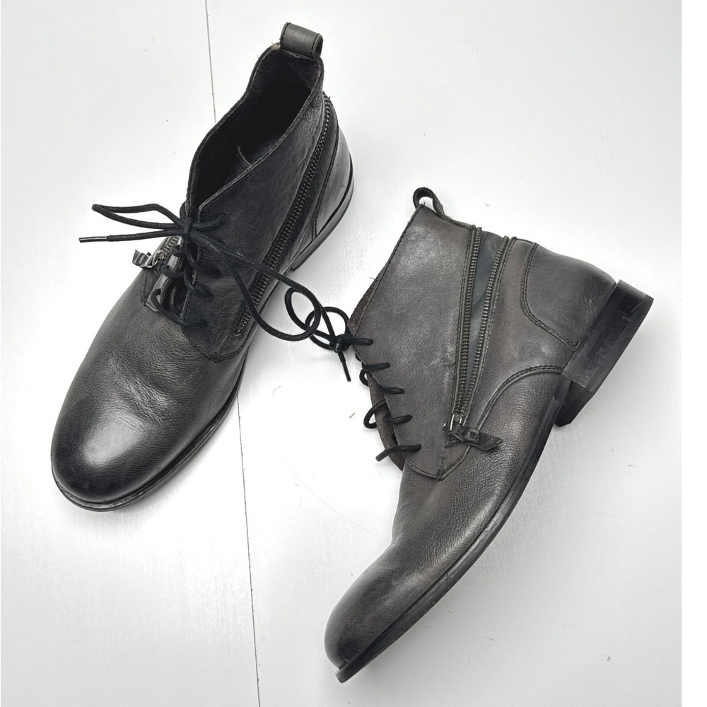 John Varvatos USA Mens Dark Grey Distressed Leather Side Zip Combat Boots